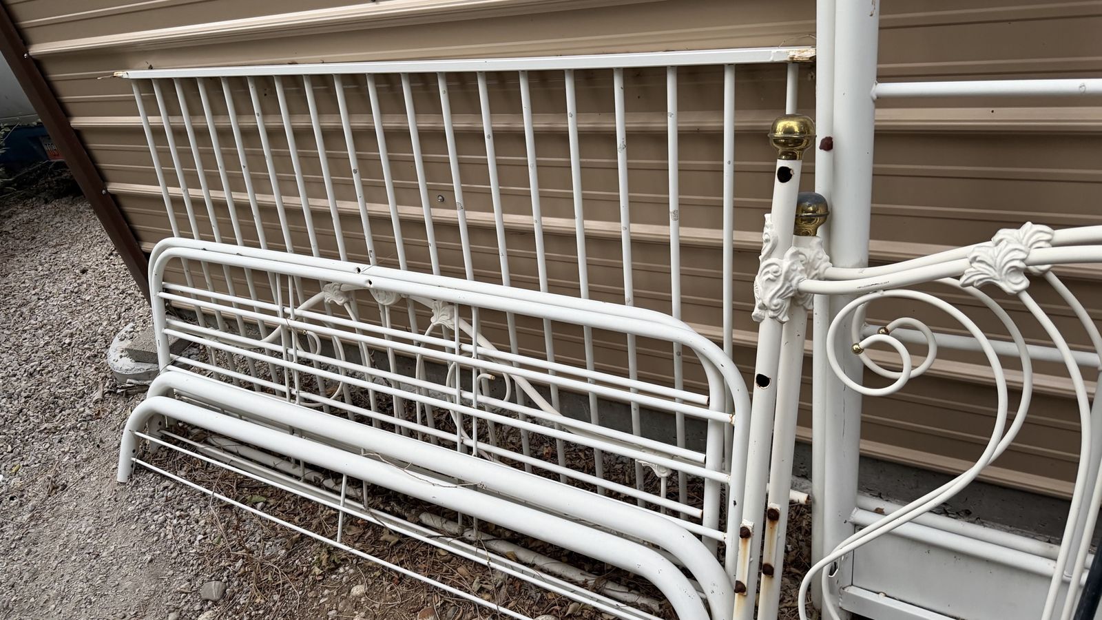 Vintage White Metal Scrollwork Bed Frame with Brass Accents- bed on top and futton on bottom area