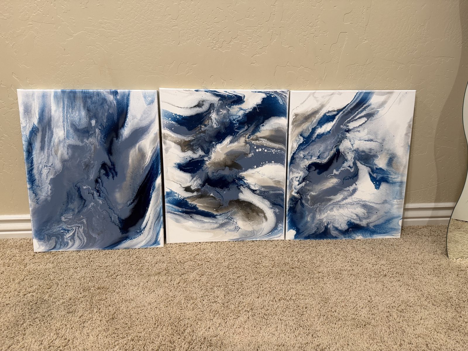 Acrylic Pour Painting Wall Art - Set of 3 Abstract Blue & White Canvases