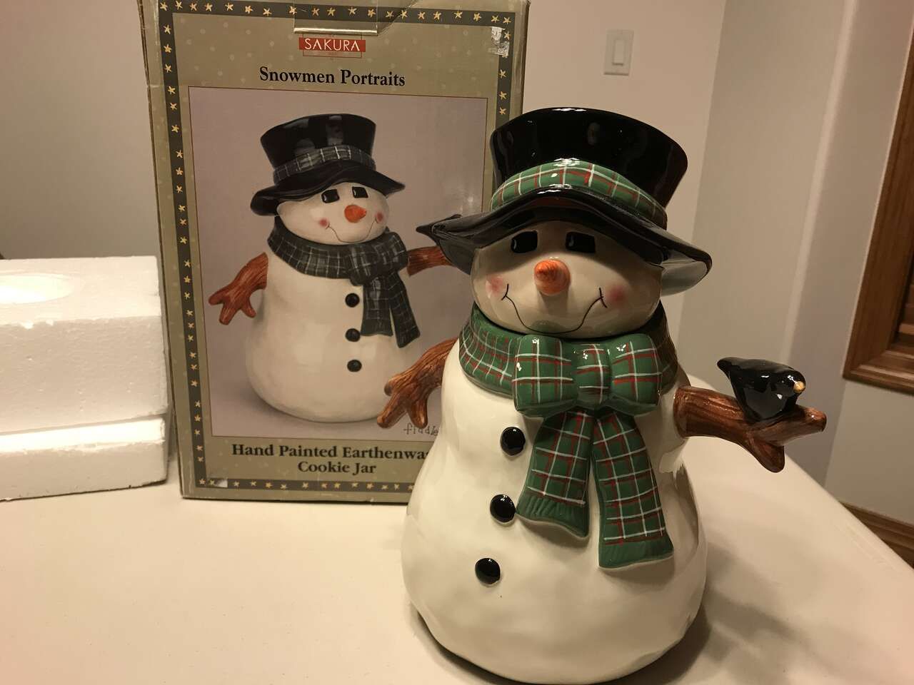 Sakura Snowmen Portraits Hand Painted Earthenware Cookie Jar, New,