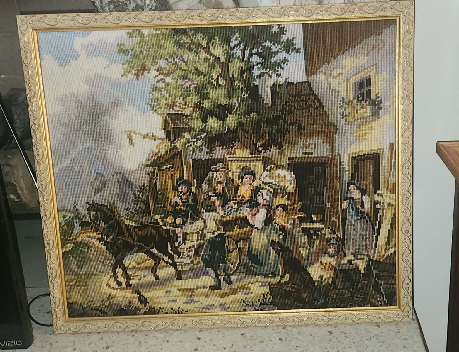 Vintage Framed Needlepoint Tapestry Art Piece Featuring Village Scene