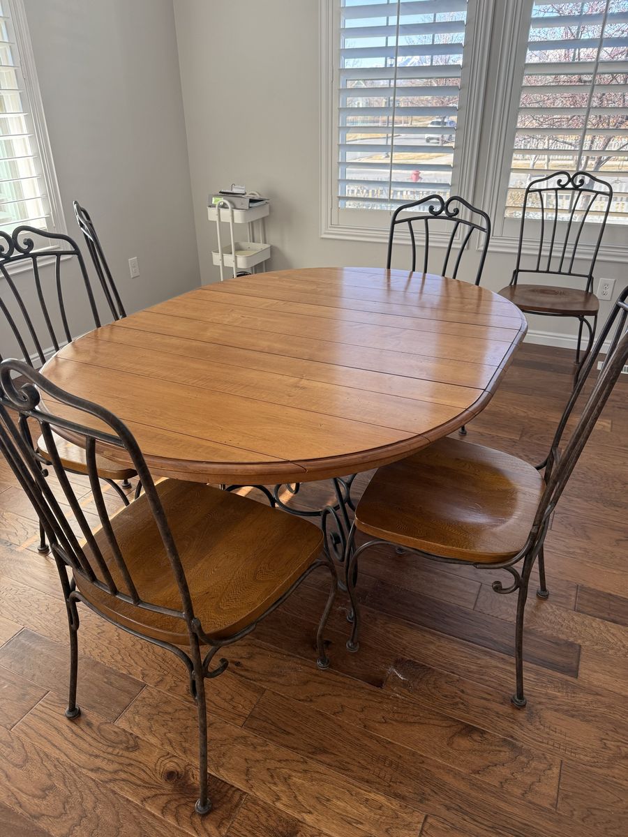 Ethan Allen Oval Dining Table with Leaf & 6 Wrought Iron Chairs - Wood Top