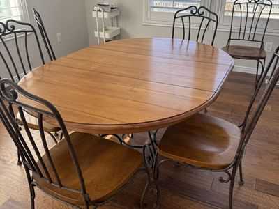 Ethan Allen Oval Dining Table with Leaf & 6 Wrought Iron Chairs - Wood Top