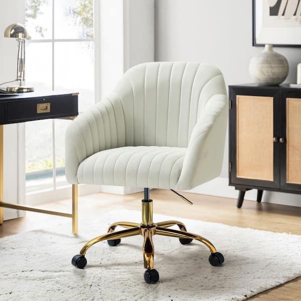Modern Velvet Channel Tufted Office Chair in White with Gold Base
