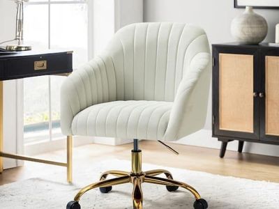 Modern Velvet Channel Tufted Office Chair in White with Gold Base