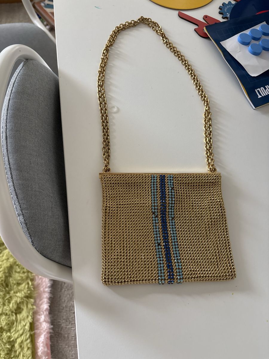 Franchi Gold Tone Metal Mesh Evening Bag with Blue Stripe Detail - Chain Strap Clutch