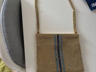 Franchi Gold Tone Metal Mesh Evening Bag with Blue Stripe Detail - Chain Strap Clutch