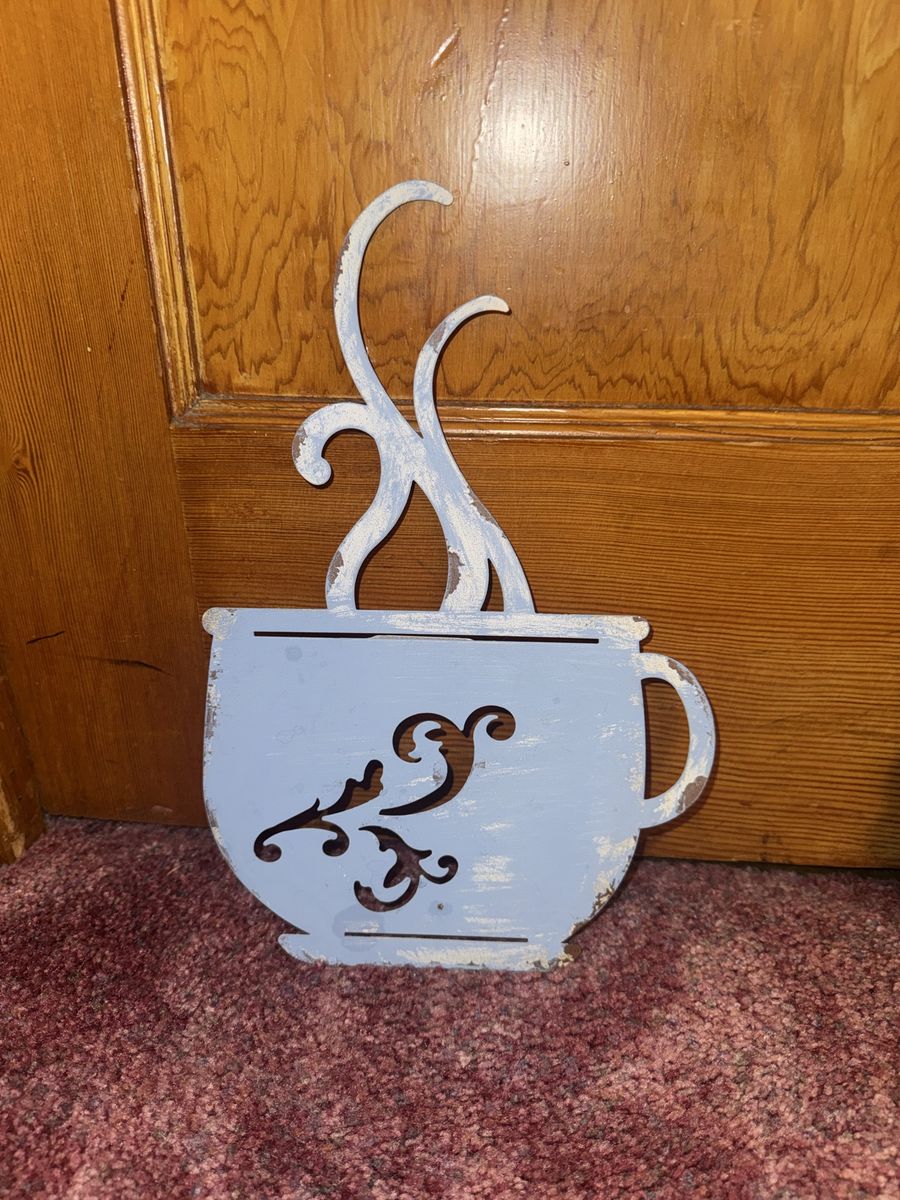 Shabby Chic Light Blue Coffee Cup Wall Decor Farmhouse Kitchen Sign with Distressed Finish