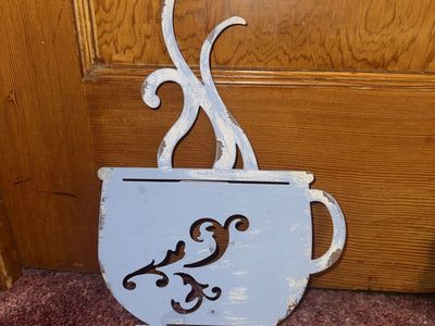 Shabby Chic Light Blue Coffee Cup Wall Decor Farmhouse Kitchen Sign with Distressed Finish