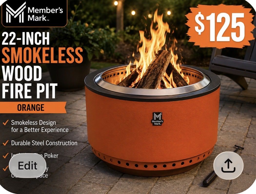 Member's Mark 22-Inch Smokeless Wood Fire Pit - Orange, Durable Steel Construction