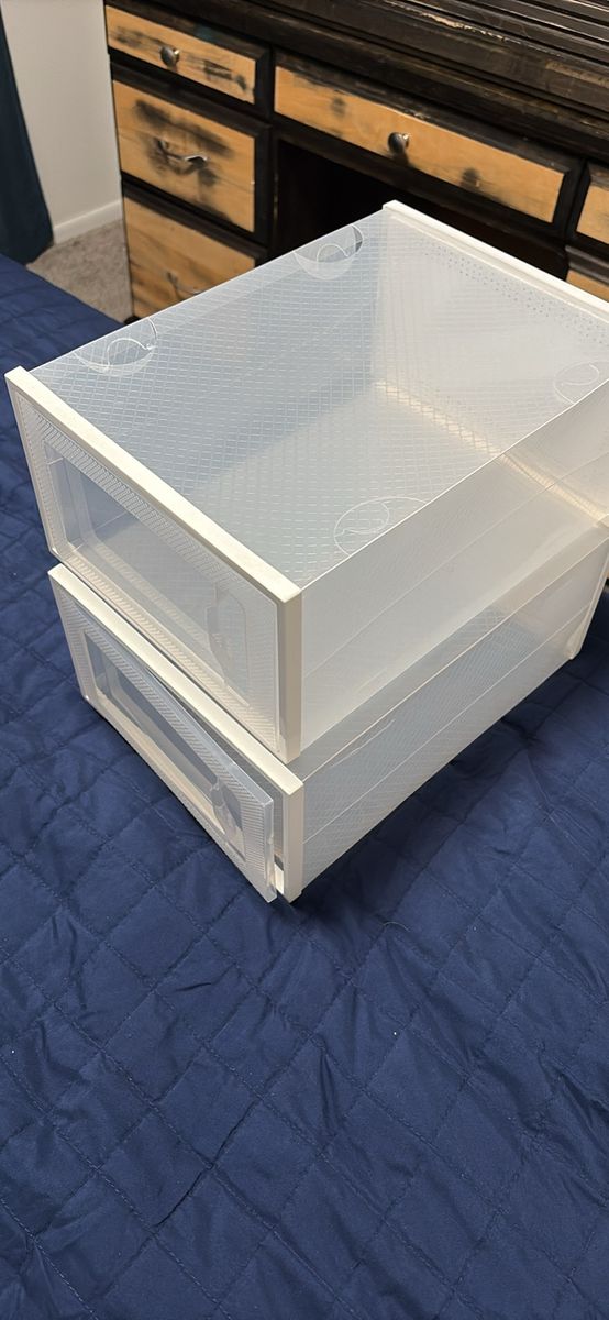 Clear Stackable Plastic Shoe Organizer Boxes - Set of 2, Drop Front Entry, Ventilated