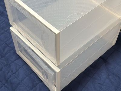 Clear Stackable Plastic Shoe Organizer Boxes - Set of 2, Drop Front Entry, Ventilated