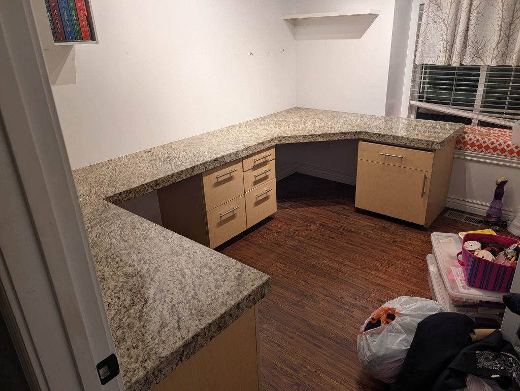 Custom L-Shaped Desk with Granite Countertop & Built-in Drawers - 10'5.5" x 5'9.6" x 5'7.5"