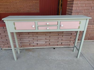 Painted Wooden Console Entry Table with Drawers and Storage Cabinets