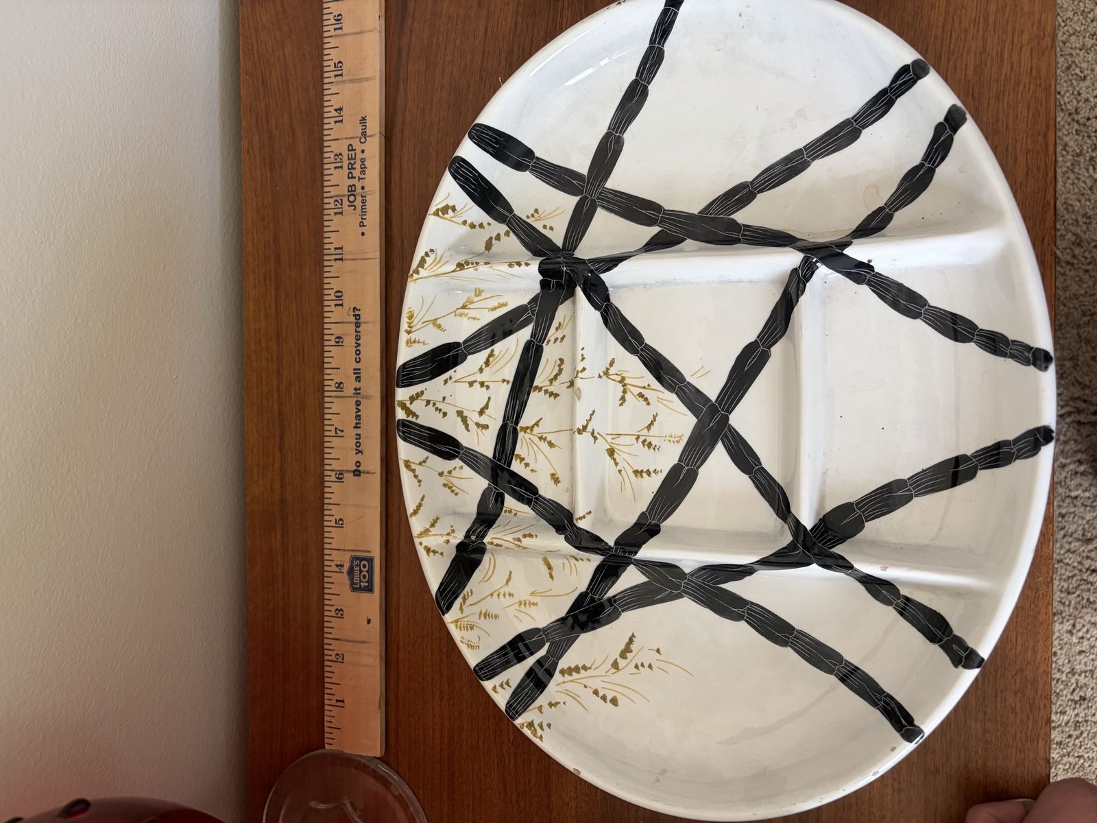 Hand Painted Italy Ceramic Divided Serving Platter Tray Black & Gold Abstract
