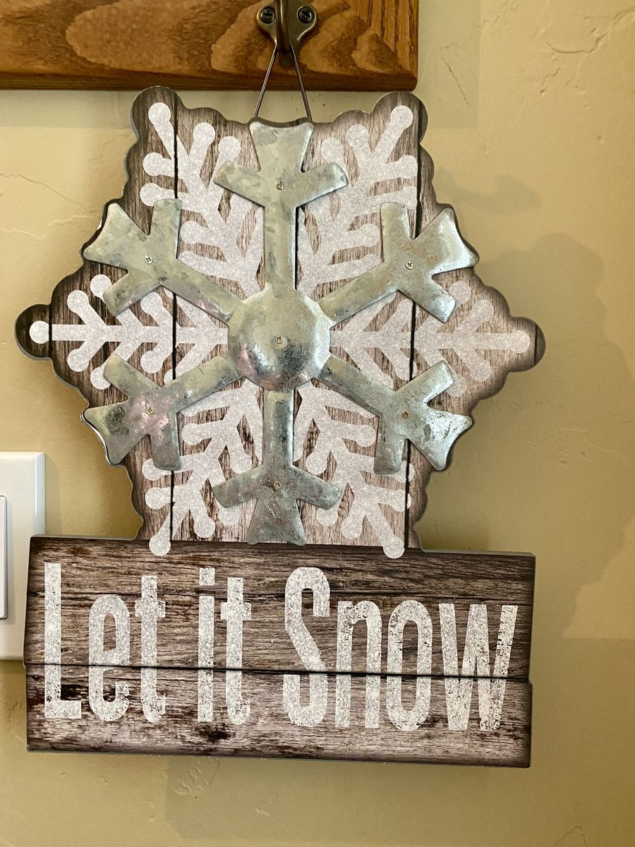 Farmhouse Let It Snow Rustic Wood & Galvanized Metal Snowflake Wall Sign - LIKE NEW - C PIX