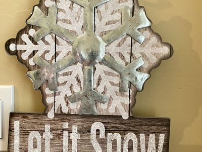 Farmhouse Let It Snow Rustic Wood & Galvanized Metal Snowflake Wall Sign - LIKE NEW - C PIX