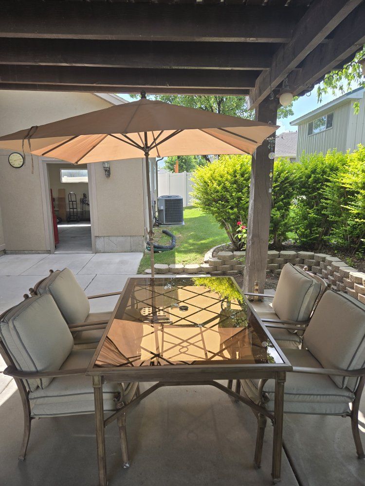 Patio Dining Set with Umbrella - Glass Table & 4 Cushioned Chairs and a chase lounge