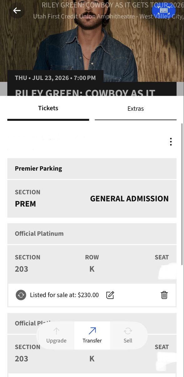 2 tickets- Riley Green: Platinum Tickets