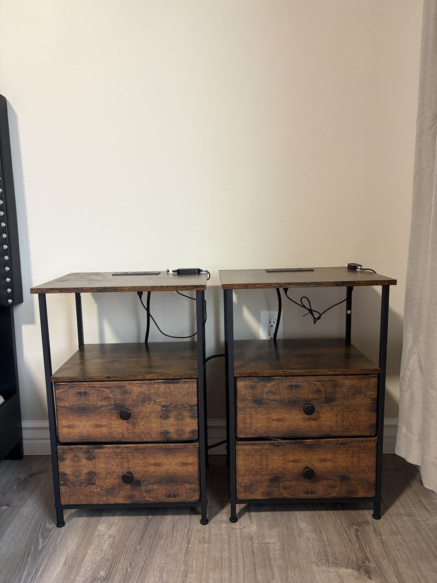 Set of 2 Industrial Rustic Nightstands with Built-in Power Outlets & USB Ports, 23.6"H x 15.7"W x 11.8"D