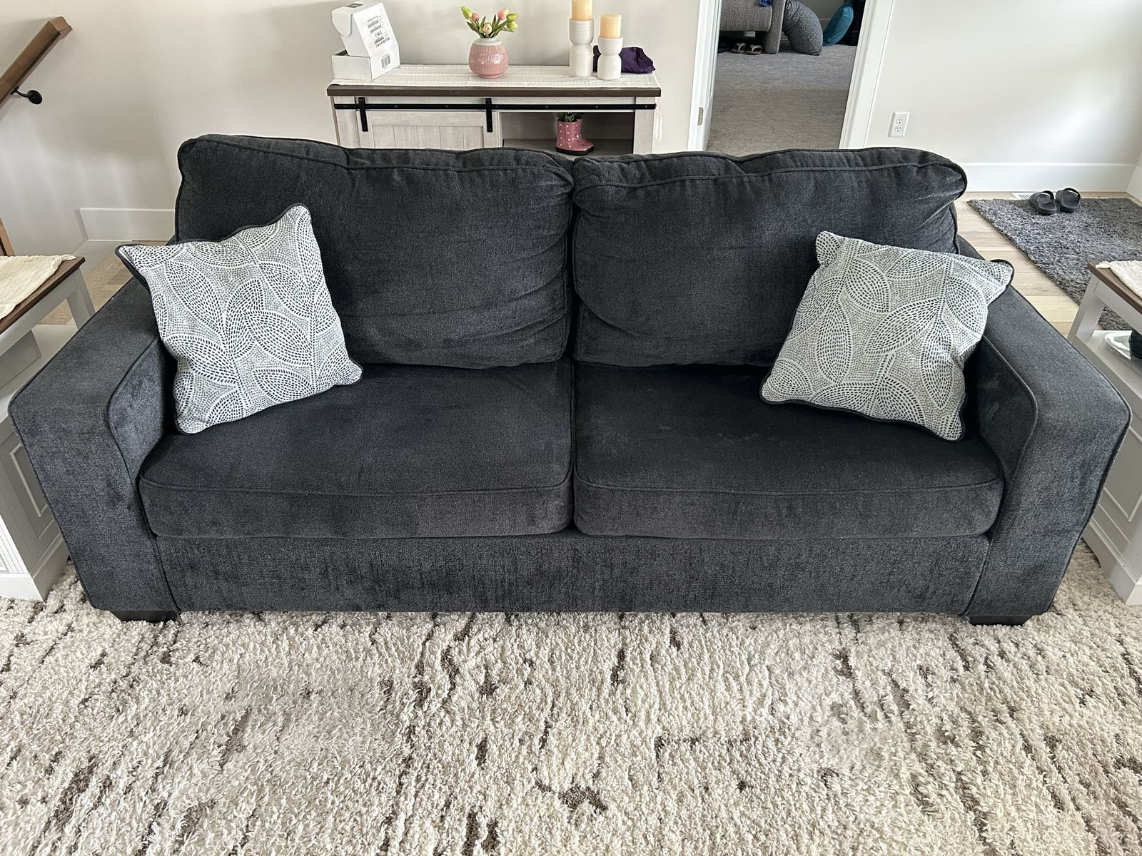 Dark Gray Queen Sleeper Sofa with Pull-Out Bed and Adjustable Headrest, Includes Ottoman