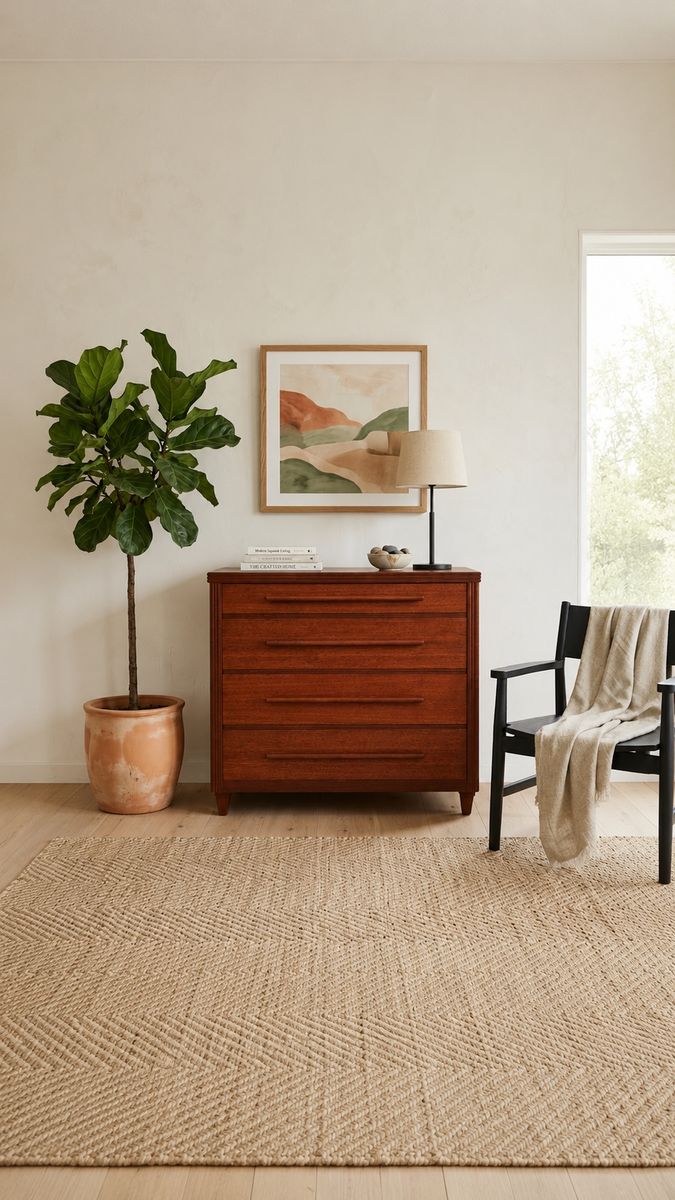 Vintage Mid Century Large Scale 4-Drawer Mahogany Chest of Drawers Dresser w/Sculpted Wood Integrated Oversized Pulls & Tapered