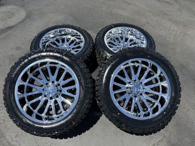 4 new Chrome Fittipaldi FA18 8x170 Ford F250 F350 Terramax RT 35x12.50r22 -44et offset wheels and tires 3 peak snowflake rated