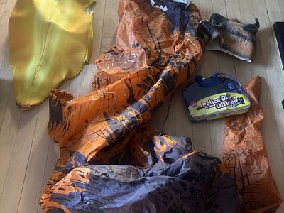 Halloween costume including inflatable Dino, kids police, dog mask and kids banana. $65 for all of them or can sell separately