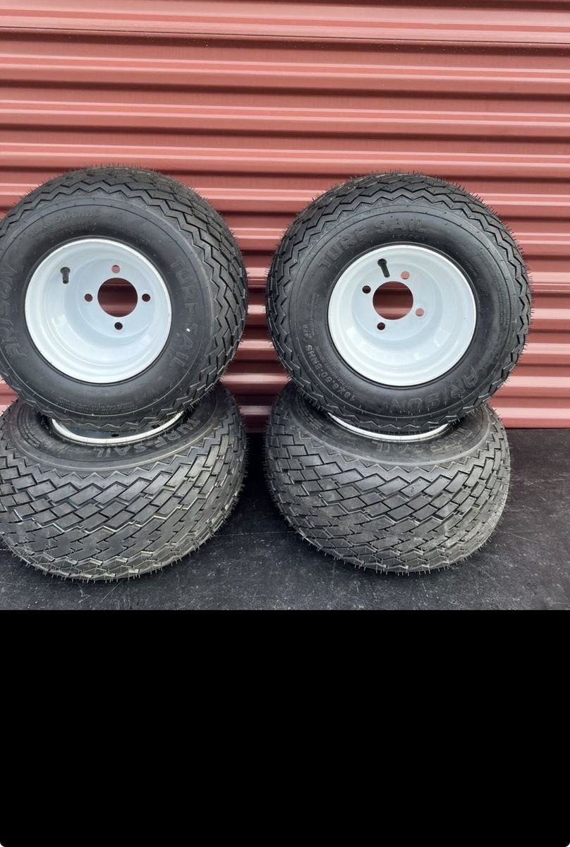 New Set of 4 Arisun Turf Sail 18X8.5-8 Golf Cart Tires Mounted on New White Wheels  Brand New $ 120.00 for Set of 4