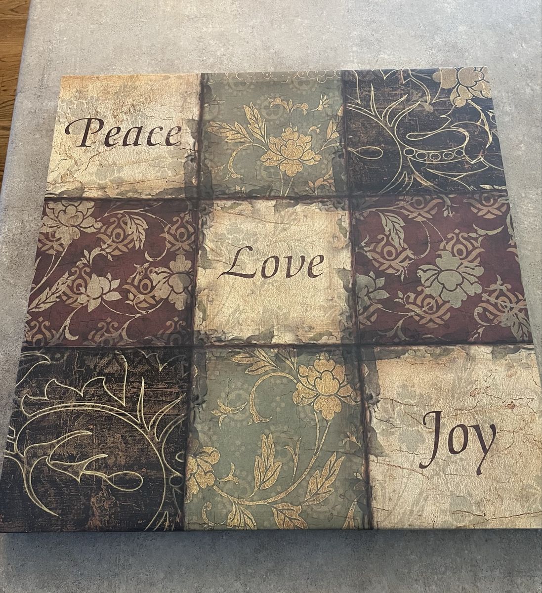 Decorative Canvas Wall Art - "Peace, Love, Joy" Floral Tapestry Style, 24x24 inches