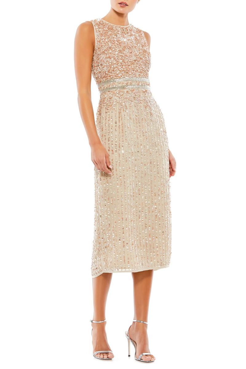 Mac Duggal Sleeveless High Neck Beaded Midi Sheath Dress