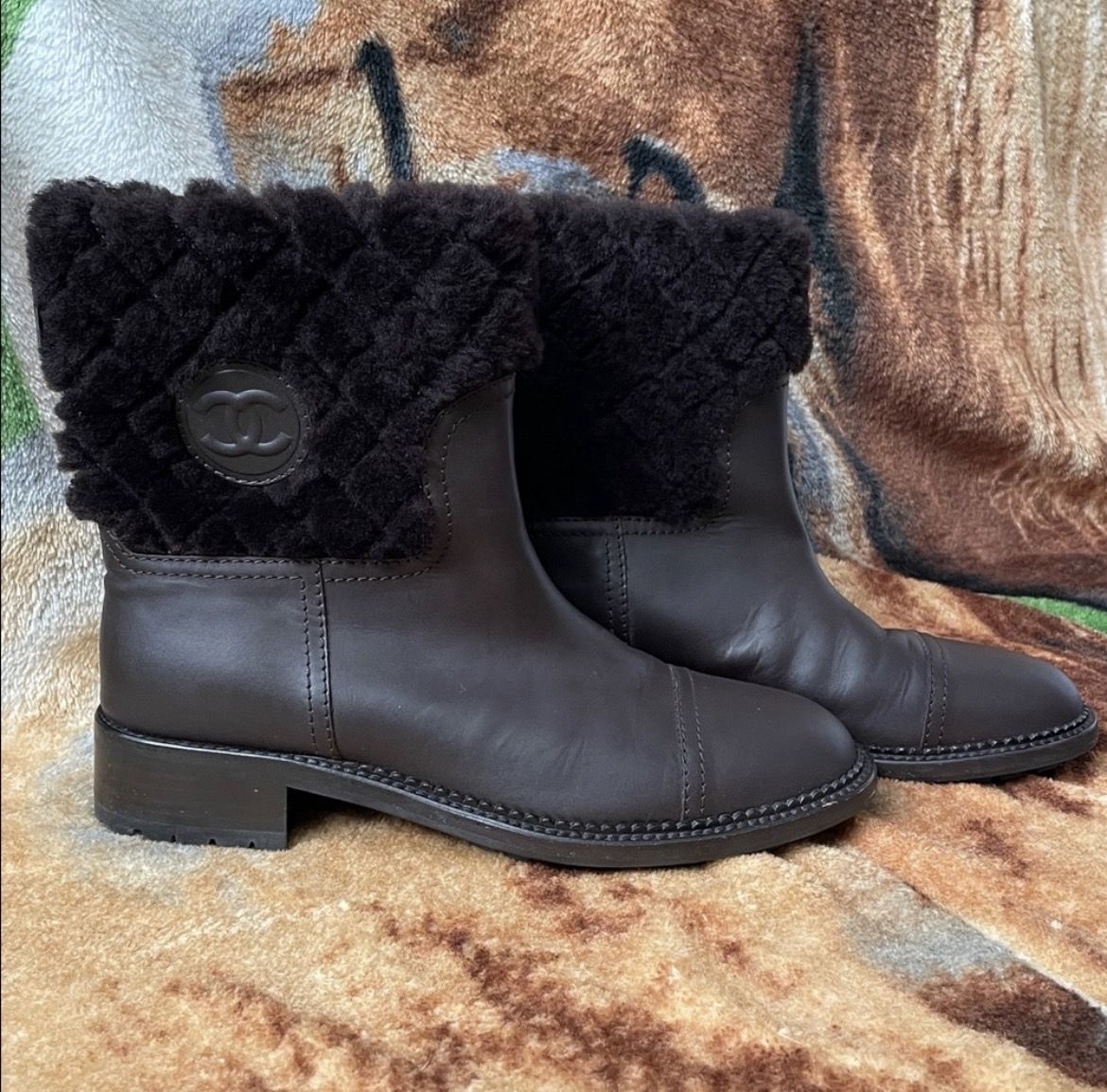 CHANEL Women's Brown Leather Fur-Trimmed Boots