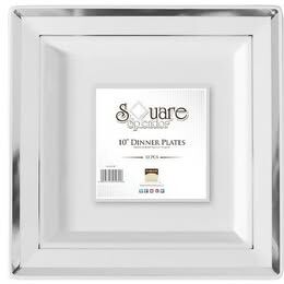 Fineline Silver Splendor 5510-WH 10" White Plastic Square Plate with Silver Bands - 120/Case
