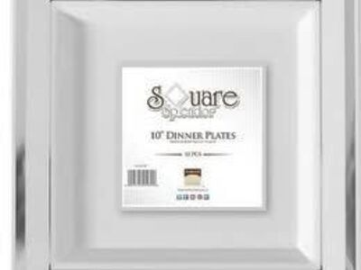 Fineline Silver Splendor 5510-WH 10" White Plastic Square Plate with Silver Bands - 120/Case