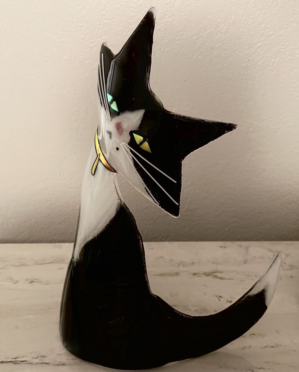 Rare TUXEDO CAT - Fused Glass World-Class Kiln Art - 13" Tall Curved Base - $190