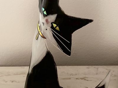Rare TUXEDO CAT - Fused Glass World-Class Kiln Art - 13" Tall Curved Base - $190