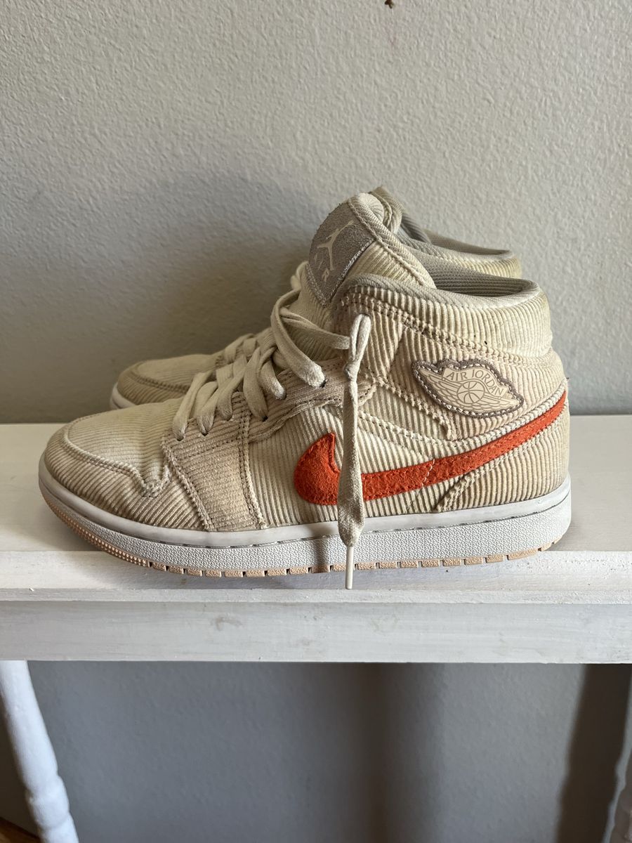 Nike Air Jordan 1 Mid Corduroy Sail Orange Athletic Shoes Women's Size 7