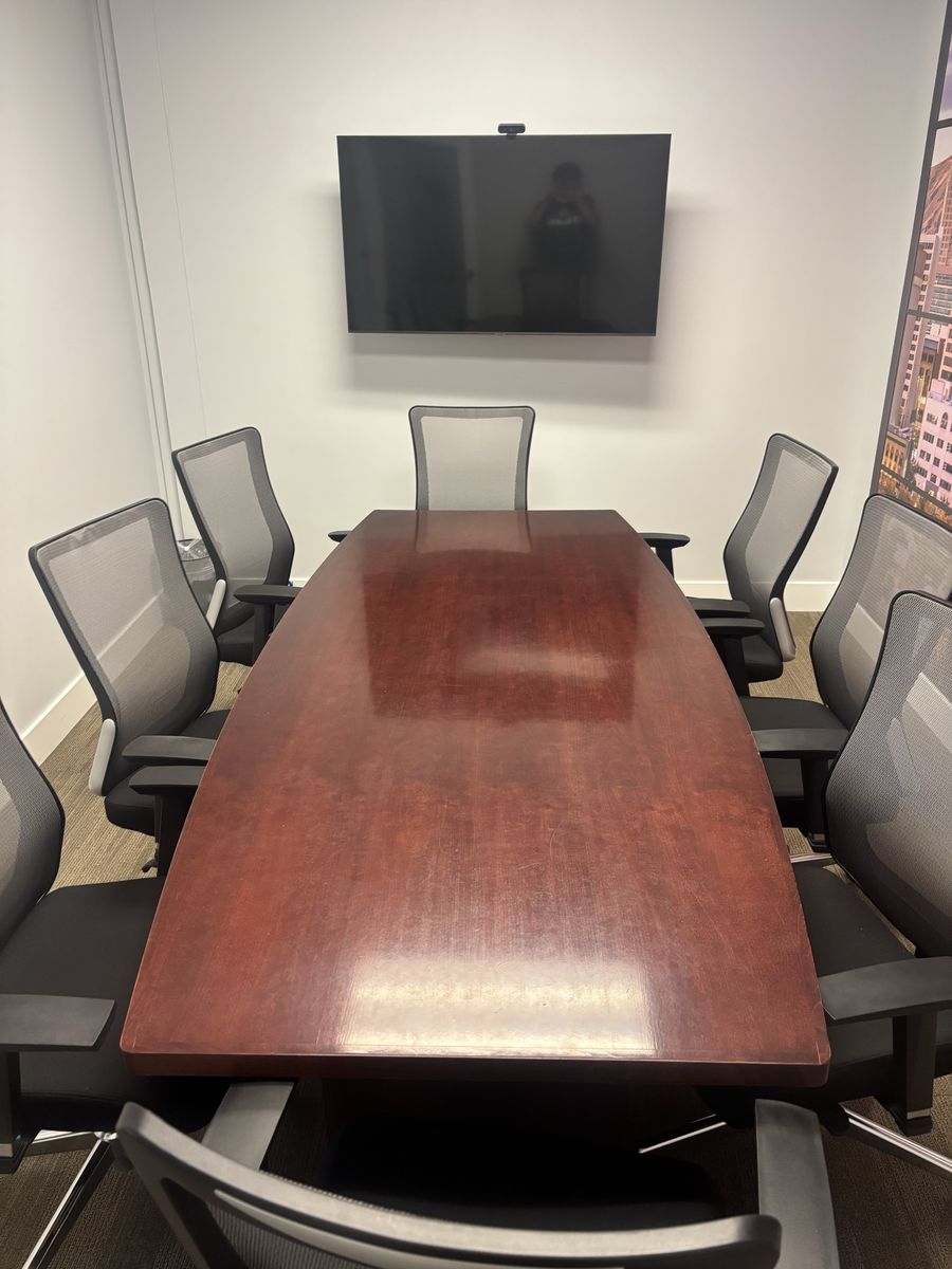 8-Foot Mahogany Boat-Shaped Conference Table & 8 Mesh Chairs Set – Great Condition!