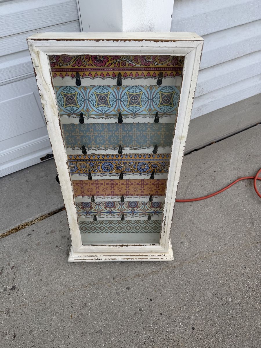 Distressed White Wood Shadow Box Display Case with Hooks - Unique Patterned Backing