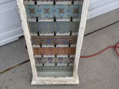 Distressed White Wood Shadow Box Display Case with Hooks - Unique Patterned Backing