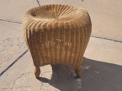 Wicker Rattan Round Ottoman Stool End Table Plant Stand - Vintage Woven Furniture