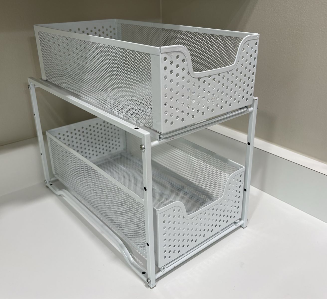 White 2-Tier Mesh Metal Sliding Drawer Organizer for Cabinet or Countertop