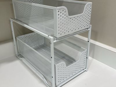 White 2-Tier Mesh Metal Sliding Drawer Organizer for Cabinet or Countertop