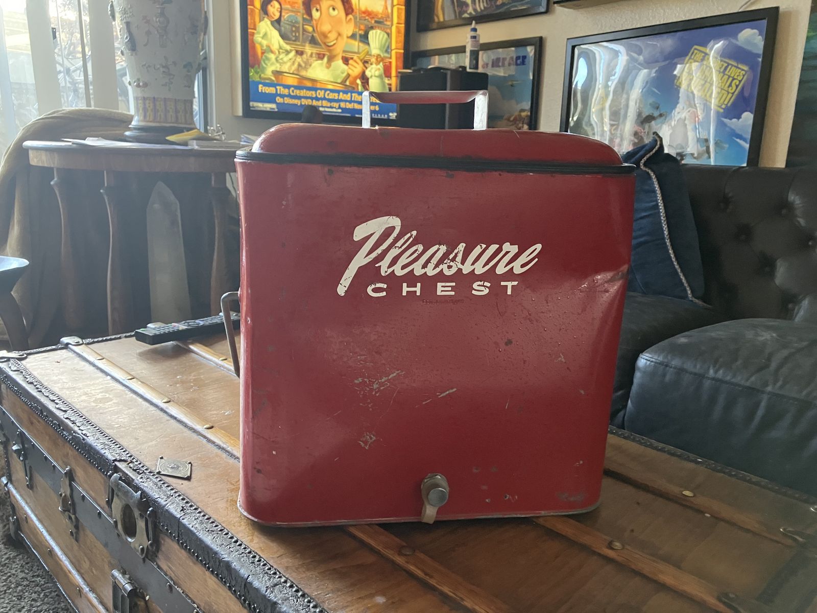 Vintage Pleasure Chest Cooler Red Metal Ice Chest with Spigot and Tray