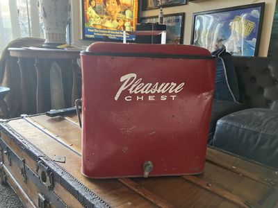 Vintage Pleasure Chest Cooler Red Metal Ice Chest with Spigot and Tray