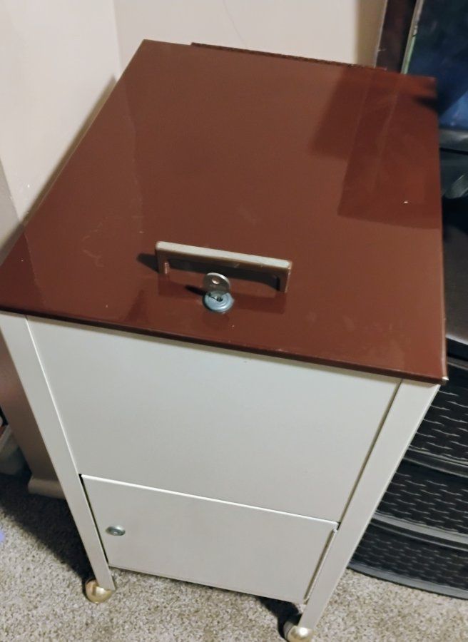 Rolling File Cabinet with Locking Top - White & Brown, Vintage Style
