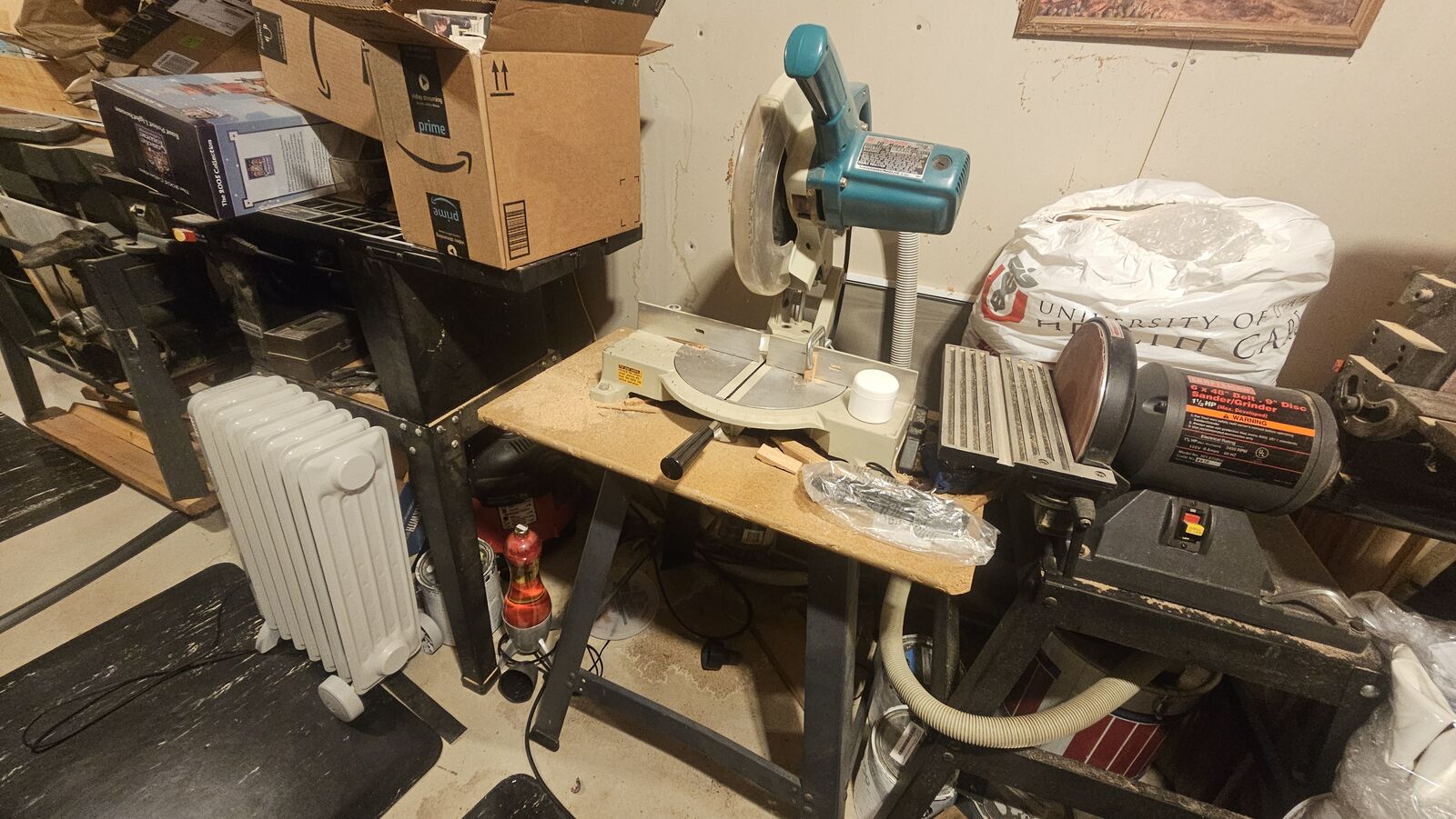 Miter saw mounted on table