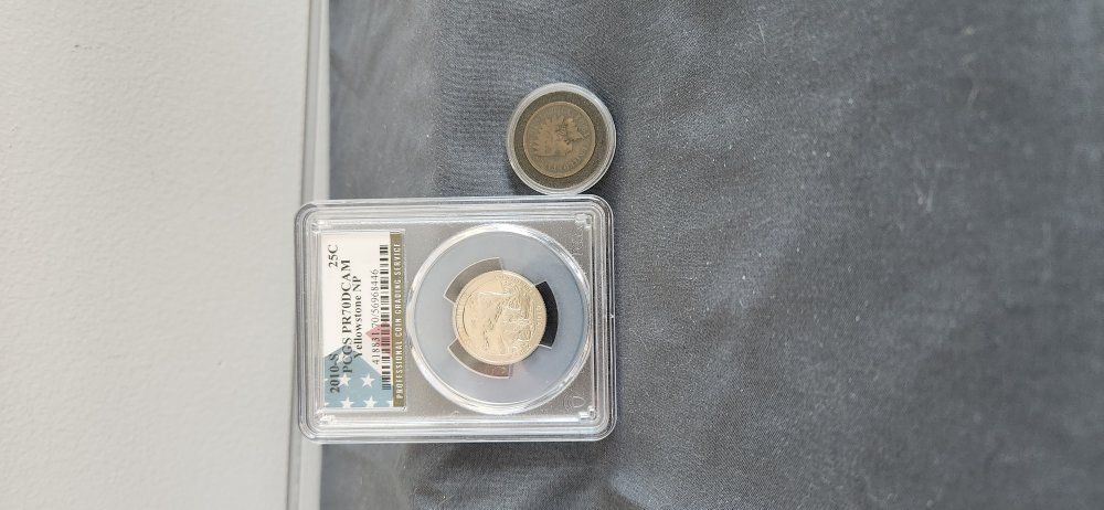 2010 S PCGS PR70DCAM Yellowstone NP Quarter Dollar Plus Counter stamped 1901 Wheat Cent