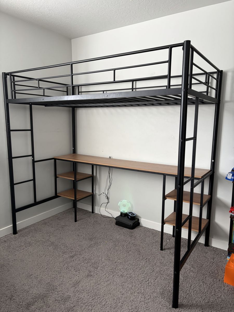 Twin metal loft bed with built in desk