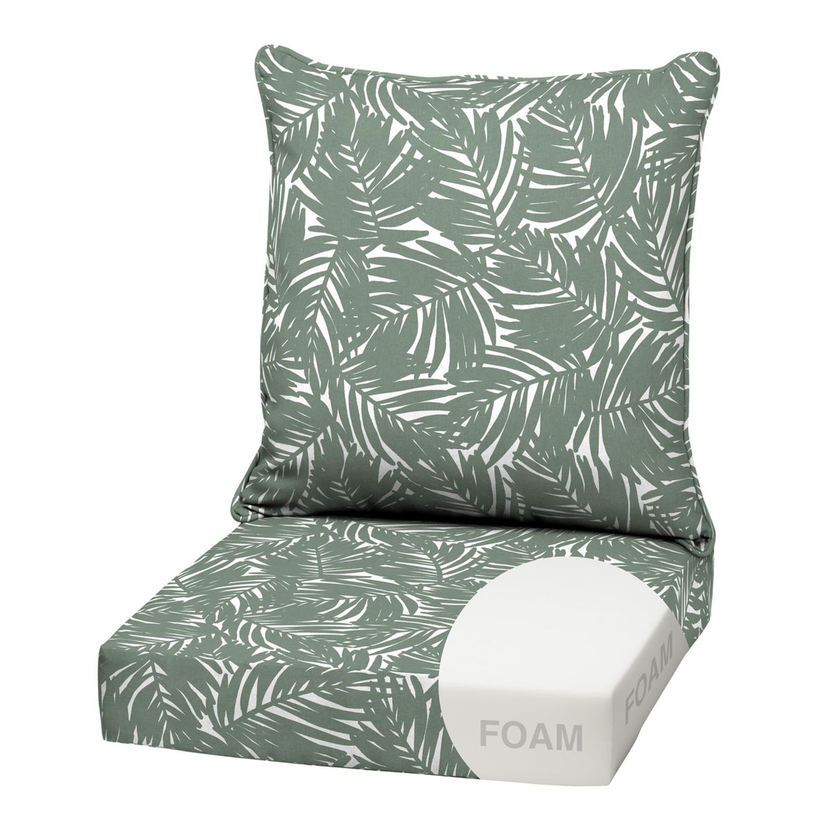 Arden Selections Outdoor Chair Cushion Set - Durable Foam Seat & Plush Pillow (Palm Leaf Pattern)