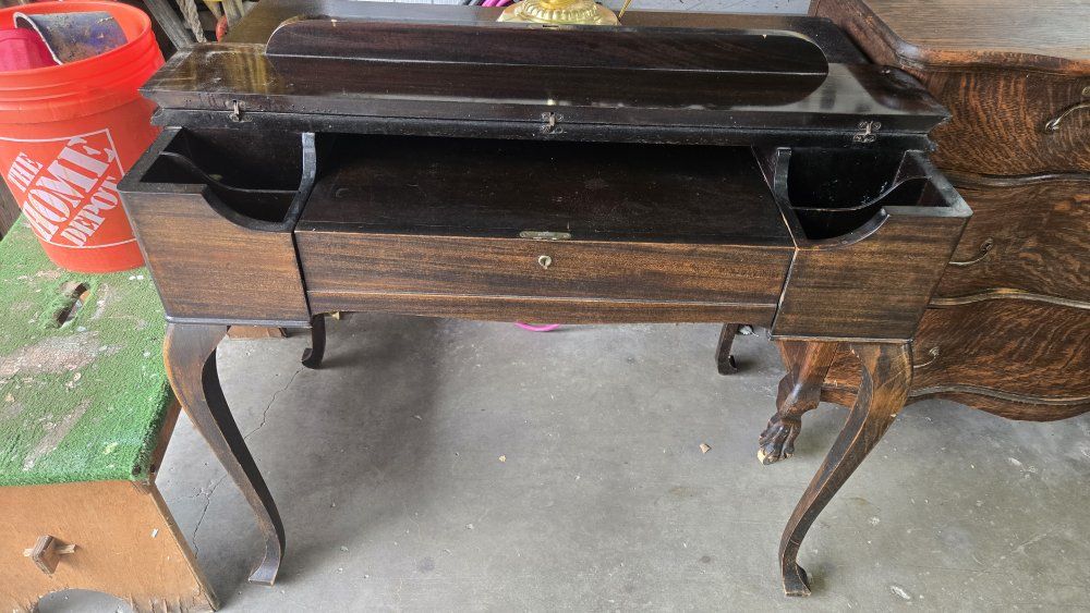 Vintage Wooden Vanity Desk with Fold-Down Top and Storage Compartments